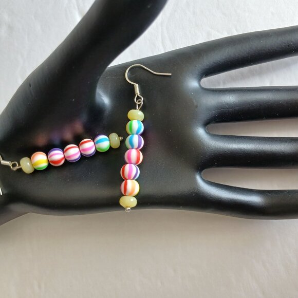 Handmade Rainbow Striped Earrings With Yellow Beads On Silver Plated Fishhooks - Picture 8 of 15